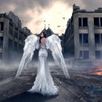(front view:1. 2) of a graceful female angel, large white wings folded down, sad, intricate white dress, walk on decrepit street, destroyed buildings, dark sky, active fires in background, volumetric fog, subsurface scattering, ambient occlusion, post apocalyptic, ruins of war, fire, smoke, (bokeh:1. 4) <lora:LowRA:1> <lora:add_detail:0. 6>