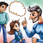 کودک که اعتماد به نفس بالایی دارد و پدر جوانش کنار او و درحال تحسین فرزندش