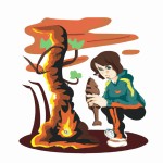 یه پسر که داره یک درخت رو با مشعل میسوزونه