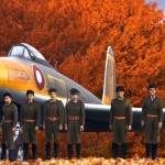 تصویری از یک باند هواپیما در یک عصر پاییزی که شهید مصطفی اردستانی به همراه 9نوجوان در جلوی تصویر با لباس خلبانی دیده می‌شوند و در یک گراند تصویر جنگنده ای میدرخشد