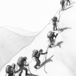 تصویری از یک گروه کوهنوردی که در یک خط منظم در حال صعود به یک قله هستند