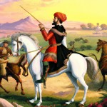 تصویری از نادرشاه که بر روی اسب است و سپاهیان خود را در دشت تماشا میکند ‌ سپاهیان پرچم افشاری را در دست دارند