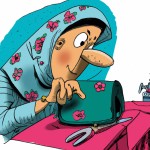 یک خانم محجبه در حال دوخت کیف زنانه