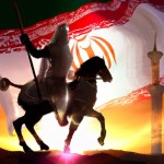 تصویر یک روحانی سید در حال ورود به شهر قدس با پرچم ایران با حالت فاتحانه و پیروزمندانه