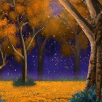 تصویر جنگلی در شب با درختان انبوه و که برگ درختان زرد و نارنجی و قرمز است و نور ماه