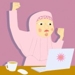 تصویر زن محجبه ایرانی قوی جسور  کار آفرین موفق در 
خانه   مشغول کار کردن است ترسیم کن