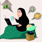 تصویر یک زن محجبه ایرانی که در حال کار کردن در خانه و کسب در امد می کند