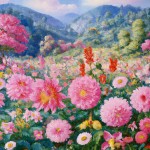 لطفا عکس یه باغ رو بهم بده که درختهای گردو و نخل داشته باشه  اسمون ایری داشته باشه و زمینش پر از گلهای داودی درشت با رنگهای متفاوت و یک رود پر اب هم از وسطش رد شده و دو تا الاغ مشغول چریدن باشن