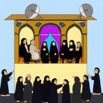 یک هیئت امام حسین با یه عالمه جمعیت با مداح و یک عالمه بلندگو و سیستم صوت در یک خانه با طراحی ایرانی
