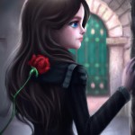 دختری خوشکل گل قرمز به دست ایستاده کنار  دروازه منتظر پدر که بیاید