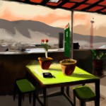 نقاشی از تبلیغ فضای زیبای یک کافی شاپ در شهر کرج رو بطرف کوههای البرز