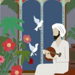 یک اتاق ساده و قشنگ با سبک ایرانی، یه مرد روی صندلی نشسته که ساز تار ایرانی دستش هست و در حال نوازندگی هست، اطرافش گلدون هایی با گل رز و محمدی هست، روی گل ها چندتا بلبل نشسته، پنجره اتاق باز هست، از پنجره درخت بیرون مشخص است ، روی شاخه درخت چند پرنده مثل کبوتر و بلبل نشسته هستن