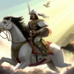 رستم سوار بر اسب خود به نام رخش و درحال دور شدن از میدان نبرد با افراسیاب در حالی که چشمانش گریان است