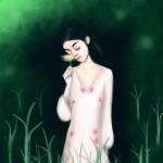 دختری گل به دست از پشت دز جنگلی ترسناک