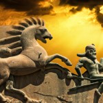 کوروش بزرگ هخامنشی در نبرد با یونانیان باستان و یک اژدها در حال پرواز در آسمان