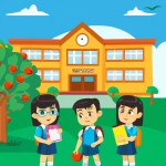 مدرسه با دانش آموزان در حیاط مدرسه با کتاب در دست