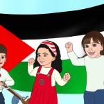 کودکان فلسطینی در حال خواندن آواز آزادی، پرچم در دست دارند، خوشحالند