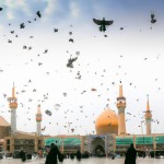 حرم امام رضا با پرندگان درحال پرواز و زائران درحال خدمت