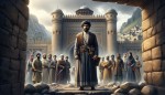 حسن صباح که در درب ورودی قلعه الموت که بالای کوه قرار دارد ایستاده به همراه تیم ترور خود