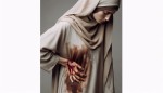 A woman with a chador holding her hand on her side and standing in the back, her chador is dirty and blood is dripping from her side.