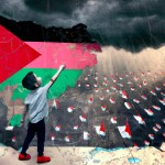یک کودک در حالی که روی نقشه غزه است و پرچم فلسطین در دستش قرار دارد و رو به آسمان نگاه م یکند. در حالی که اطرافش کودکان دیگری است که کشته شده اند و از آسمان باران قرمز می بارد.
