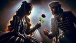 دختری با موهای بلند و لباس مشکی و سفید رزمی که یگ گل در دیت داره که طرف دیگه گل یک قاقو هست که توی بدن دختر فرو رفته و به یک پسر در حال تقدیم گل هست