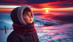 پسری در روز برفی به غروب افتاب نگاه میکند