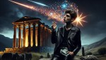 جوانی با لباس های چرم مشکی سیگار به دست دارد و کنار قبر کوروش ایستاده و شهاب سنگی به زمین نزدیک میشود