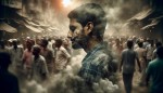 مردی که در میان جمعیت است و در تنهایی مشغول است، چهره اش ترکیبی از ریا و حقیقت است. تصویر وهم آلود و پر از دود و غبار باشد.
