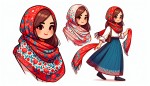 یک طرح کارتونی از یک دختر با روسری قرمز گلدار با پیراهن سفید و دامن آبی راهراه