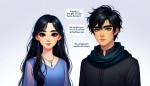 دختری با موهای بلند مشکی و چشمان و ابروی مشکی بغل یک پسر با چشمان سبز و صورت سفیم موهای مشکی