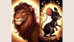 یک شیر بزرگ و قهوه ای موش شیطون و سیاه