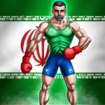 یک مرد پهلوان عضلانی که پرچم ایران در دست او است و پرچم آمریکا زیر پای او است
