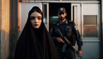 یک زن ایرانی با چادر مشکی صبح زود روبه روی اداره پلیس ایستاده و کنار اداره پلیس یک مامور ایرانی در حال نگهبانی است