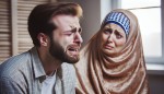 یک مرد که جلوی زنش زانو زده و داره گریه و التماس می کنه و زنش هم چادر به سر دارد