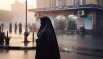 یک زن ایرانی با  چادر مشکی صبح زود روبه روی اداره پلیس ایستاده