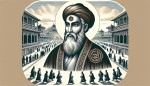 عالم ديني در قرن سه هجری که قد رشید و تنومند دارد و رد مهر بر پیشانی و مردم برای احترام به او کوچه باز کرده اند