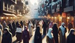 گروهی از زنان با حجاب و مردان مسلمان ایرانی در حال امر به معروف و نهی از منکر و گرفتن پلاکارد با متن عفاف و حجاب  در خیابان مشهدمقدس