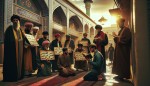 گروهی از مردم مسلمان ایرانی در حال امر به معروف و نهی از منکر و گرفتن پلاکارد با متن عفاف و حجاب و تذکر لسانی در خیابان مشهدمقدس نزدیک حرم امام رضا ع