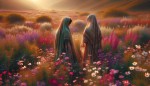 دختر بچه های ایرانی با روسری و پیراهن بلند در چمن زار