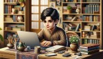 پسر جوان ایرانی بدون ریش و سبیل،مو های موج دار مشکی و کوتاه،پشت میز مشغول کار با لپ تاپ، لپ تاپ بزرگ، برنامه نویسی،روی میز ماگ قهوه و گلدان کوچک و چند کتاب و تلفن همراه قرار داشته باشد، کمد کتابخانه در اتاق