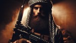 یک سرباز با ریش بلند و سلاح به دست با چهرا ای زشت و مجهز ایستاده