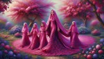 تصویر یک مادر محجبه با سه تا دختر محجبه در بین باغ گل که خوشحال هستند با لباس های صورتی ر