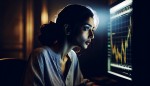 یک خانم زیبا در حال تماشای مانیتور بورس