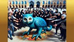 عکس یک گربه پرنده آبی رنگ برروی میدان شهرداری رشت که تمام مردم دارن با دست به آن اشاره میکنن و تعجب کردن