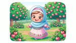 تصویر یک دختر بچه کارتونی با وضوح زیاد و روسری ابی کمرنگ که موهای اورا کامل پوشانده و لباس صورتی  با گلهای ریز در لباس در یک باغ بزرگ سیب  و سیبهای فراون در حال نشاط  و شادمانی باشد را برایم بساز