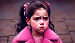 دختری ده ساله با کاپشن صورتی و گوشواره های قلبی صورتی با چهره ی مضلوم