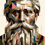 چهره یک مرد پیر با ریش های بلند ادغام شده با اشکال هندسی،نمای روبه رو،هنر کیوبیسم،در پس زمینه سفید