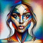 چهره یک دختر زیبا ادغام شده با اشکال هندسی،نمای روبه رو،سبک هنر کیوبیسم،رنگارنگ بدون تکسچرز