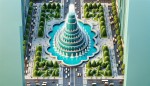 آبنمای به طول و عرض 3.5*55،کاشی فیروزه ای ،فواره تعداد 9 عدد،از شرقی به غرب ، در کنار یک برج ، دو طرف آن خیابان ،اطراف آبنما فضای سبز ، اطراف خیابان فضای سبز با درختان کاج و چمن